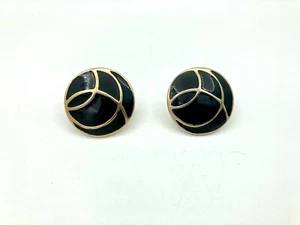 Vintage Monet Signed Statement Earrings - Clip On - Gold Tone Black Enamel Round - Picture 1 of 4