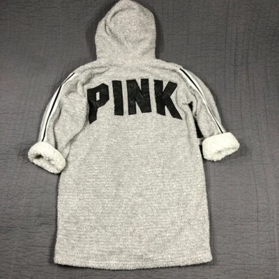 Victorias Secret Robe 女式 XS 灰色银色金属羊毛夏尔巴内衬粉色 — 第 1/4 张图片