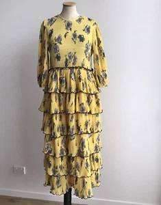 NWT Ganni Pleated Layer Ruffle Yellow Floral Print Georgette Midi Dress Size 36 - Picture 1 of 20