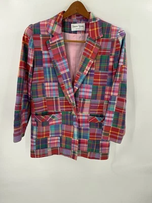 Blazer xadrez Madras vintage vermelho azul Y2K Preppy clássico patchwork algodão GRANDE? - Imagem 1 de 4