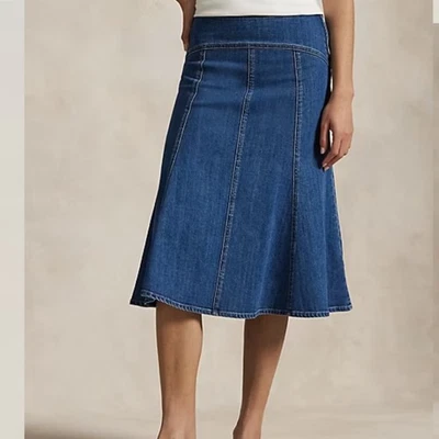 Polo Ralph Lauren Denim Línea A Acampanada Midi Falda Lavado Medio Mujer Talla 16 Foto 1 de 4