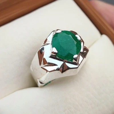 Mens Emerald Ring, Natural Beryl 925 Sterling Silver Ring, Zamurd Ring For Men - Image 1 of 4