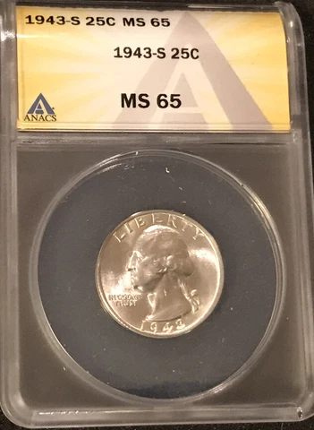 1943-S Washington Quarter Graded By ANACS MS 65 Cover