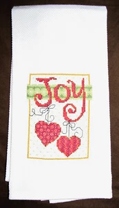 Hand Cross Stitch Complete Ecru Towel Christmas "JOY" & Hearts 14.5" X 24 .5" - Picture 1 of 5