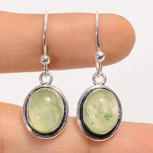 Natural Prehnite Gemstone 925 Silver Handmade Dangle Earrings 1.2" ARE-4656 - Picture 1 of 3