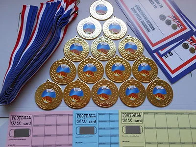 DWL BASKETBALL MEDAILLEN FUSSBALL 50MM METALL + BÄNDER + ZERTIFIKATE 15er SET