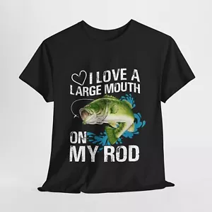 T-shirt maglietta I Love Fishing unisex cotone pesante 'bocca grande sulla mia canna' - Foto 1 di 118