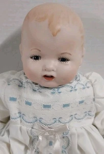 Vintage Porcelain Baby Doll Awake Eyes Open Mouth Christening Gown - Picture 1 of 19