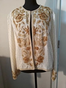 Niteline by Della Roufogali Silk Vtg White & Gold Sequined Beaded Jacket Sz M - Picture 1 of 10