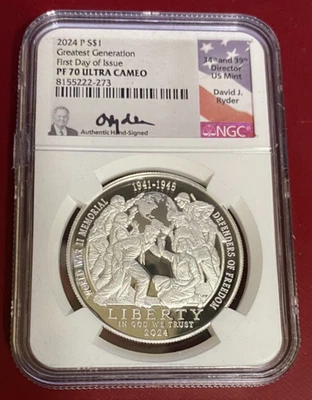 2024-P $1 GREATEST GENERATION Silver Dollar WWII NGC PF70 UCAM W/RYDER SIGNATURE - Image 1 of 4