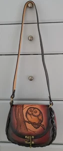 Black & Tan Tooled Leather Cartridge Shoulder Bag Satchel Handbag Owl Motif New - Picture 1 of 7