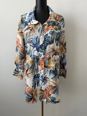 Chico's 100% Linen Tropical Print Duster Anorak Jacket Women's Size 2 Large EUC - Image 1 of 4