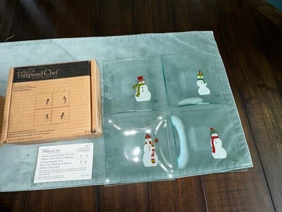 NEW Pampered Chef Snowmen 6” Appetizer Plates Set of 4 #2819 Open Box NIB - Image 1 of 4