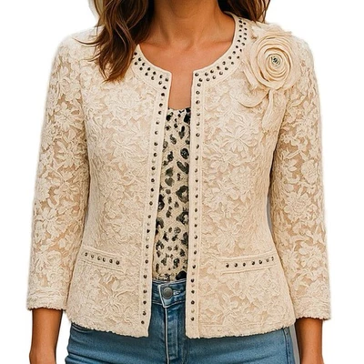 Alberto Makali Jacket Women’s Medium Beige Lace Overlay Beaded Vintage Formal - Image 1 of 4