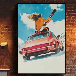 Stampa poster arte retrò sciatore ragazza sci surf su auto classica in montagne neve - Foto 1 di 5