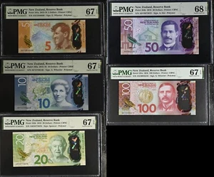 New Zealand Set 5; 5-100 Dollars 2015-18 P 191-P 195 Superb Gem PMG 67 68 EPQ - Picture 1 of 4