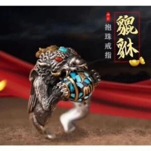 925 Sterling Silver Personality Handmade Lucky Pixiu Holding Ball Dzi Ring - Picture 1 of 6
