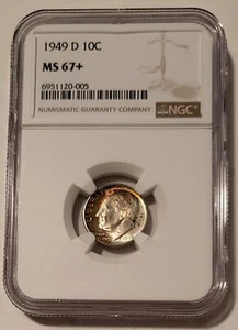 1949 D Roosevelt Dime MS67+ NGC tonificazione - Foto 1 di 4