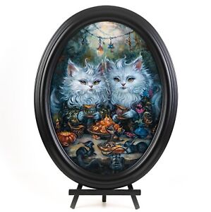 Peinture à l'huile - Tea Party of Cats « The Furry Dinner » conte de fées art fantaisie