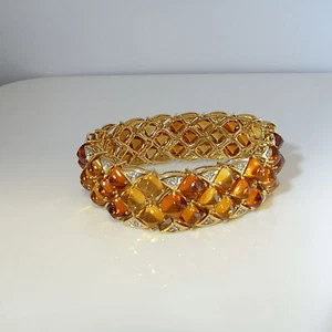 Chevron Ombre Citrine Diamond 14K Gold Tennis Cuff Bangle Bracelet Cabochon - Picture 1 of 7