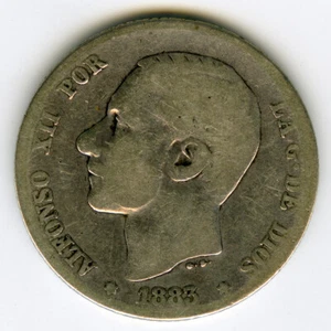 # SPAIN • 1 PESETA 1883 MSM • ALFONSO XII ☆ SILVER (.835) ☆ KM#686 Cal#20 ☆C4777 - Picture 1 of 2