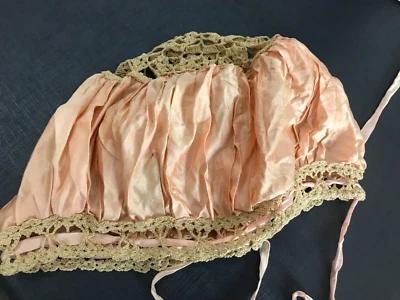 Boné noturno de renda feminino antigo vintage cobertura de cabeça com gravatas de pêssego - Imagem 1 de 4