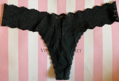 VICTORIA SECRET LACE ANIMAL PRINT WAIST BLACK THONG PANTY COTTON BLEND LARGE NEW - Image 1 of 4
