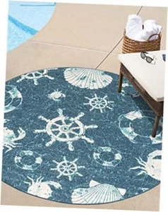 Outdoor Coastal Collection Area Rug - Marmaris 7' 1" Round Navy Blue/Teal - Picture 1 of 7
