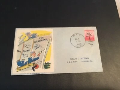 FDC 1943 #905 WWII Patriotic Cachet “American Art Service SUE LOVES GEORGE USA - Image 1 of 2