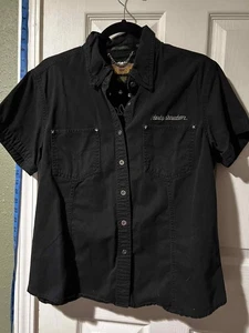 Harley Davidson Large Womens Black Front Button Shirt Studded Stars Embroidered - Picture 1 of 7