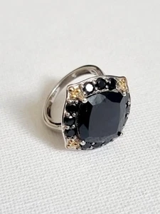 STERLING SILVER RING Size M 1/2 Halo Black Spinel Statement Gold Tone Accents - Picture 1 of 11