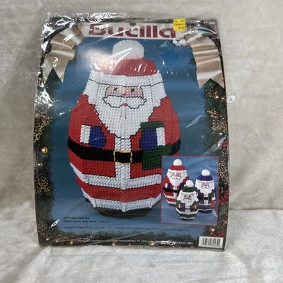Vintage 1993 Bucilla Nesting Santas Plastic Canvas Table Decor Set Of 3 #61165 - Image 1 of 4