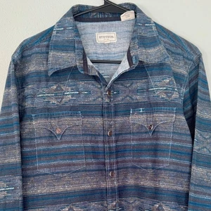 Stetson Western camicia uomo L blu azteco sud-ovest manica lunga abbottonata - Foto 1 di 10