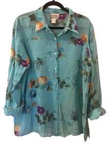 Coldwater Creek Women’s Silk Tunic Blouse Sheer Blue Floral Shirt Blouse Size XL - Picture 1 of 7
