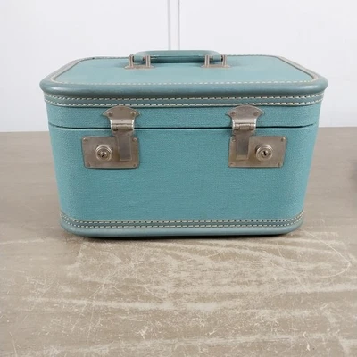 Estuche de viaje de maquillaje de tren vintage lado rígido con espejo SIN LLAVE color verde azulado Foto 1 de 4