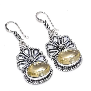 Lemon Quartz Gemstone Handmade 925 Sterling Silver Jewelry Earring Size 1.75" - Picture 1 of 1