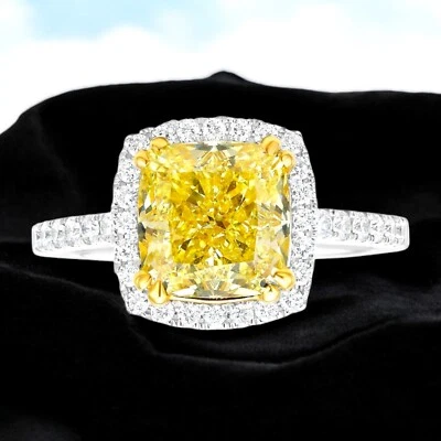 Fancy Vivid Yellow Diamond Ring 3.35 Ct IGI Lab Grown Cushion Cut 18K White Gold - image 1 of 4