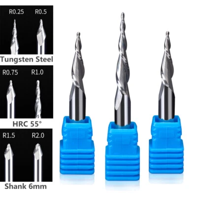 2 Flute Tapered Ball Nose End Mill Solid Carbide Spiral Milling Cutter 6mm Shank - Image 1 of 4