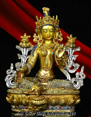 8.8" Antiguo Tíbet Bronce 24K Oro Incrustación Dorado Gemas Verde Diosa Tara Estatua Foto 1 de 4