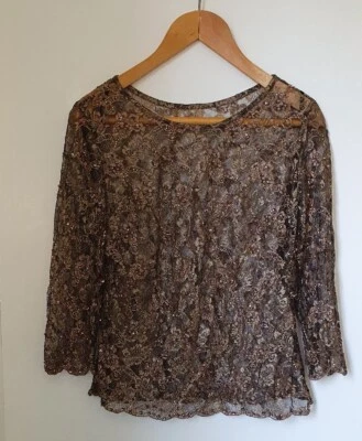 OFERTA ❀׿װ٣❀ HECHA A MANO Negro Bronce CUENTAS Y LENTEJUELAS ENCAJE BLUSA TOP ~12 Foto 1 de 4