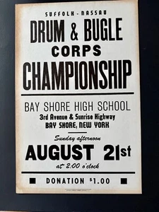 LETRERO DE COLECCIÓN DRUM AND BUGLE CORP CHAMPIONSHIP PARK LONG ISLAND NY SUFFOLK NASSAU - Imagen 1 de 3