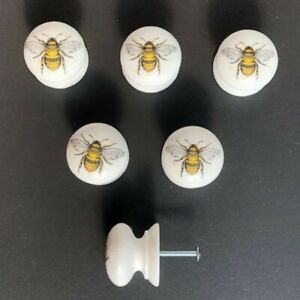 HANDMADE Decoupaged WOODEN DOOR DRAWER KNOBS White with Bee 40mm PRICE EACH