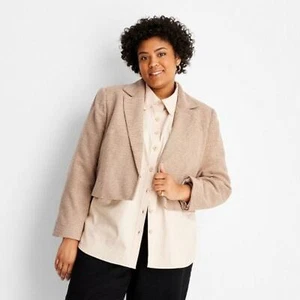 NEW Future Collective Long Sleeve Plaid Cropped Blazer Wool Blend Cream Size XXL - Picture 1 of 11