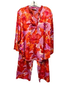 Natori Silky Orange/Purple Floral Print Pajama 2 Pc Set Sz L - Picture 1 of 14