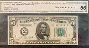 $5 1928 A Federal Reserve Note New York  Fr#1951-B Uncirculated S/N B31622126A - Picture 1 of 7