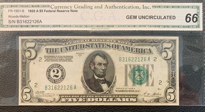 $5 1928 A Federal Reserve Note New York  Fr#1951-B Uncirculated S/N B31622126A - Image 1 of 4