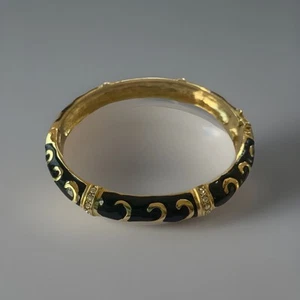 Black Enamel Gold Tone Rhinestone Bangle Bracelet Double Safety Clasp - Picture 1 of 13