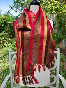 Vintage Red Gold Jewel Tone Woven Striped Fringe Scarf Rectangle Wrap 