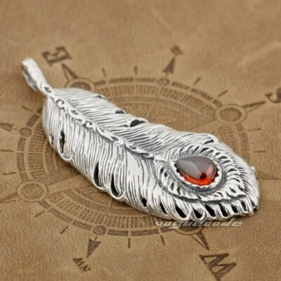 Dijes colgantes de plumas de piedra circonita roja de plata de ley 925 joyas punk 9J003D Foto 1 de 4