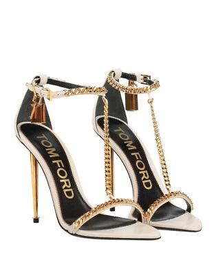 NUEVO EN CAJA $1290 Sandalias Tom Ford Candado Cadena Correa en T Tacón EE. UU. 9 UE 39 Blanco Foto 1 de 4